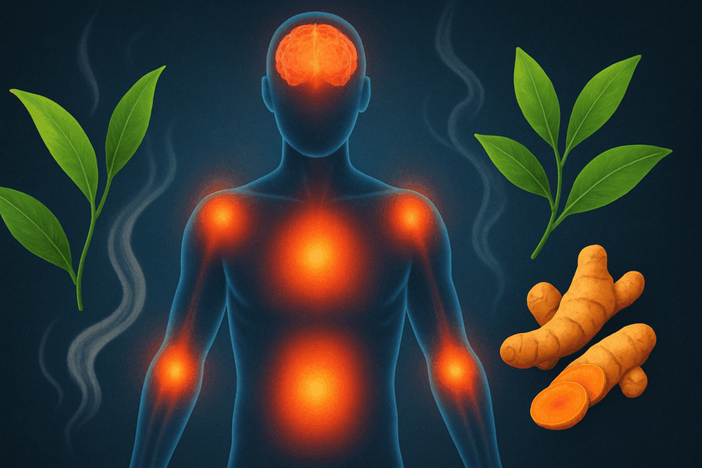 Illustration of a human body with chronic inflammation points surrounded by green tea leaves, turmeric roots, and herbal steam, symbolizing the healing effects of homemade anti inflammatory drinks.