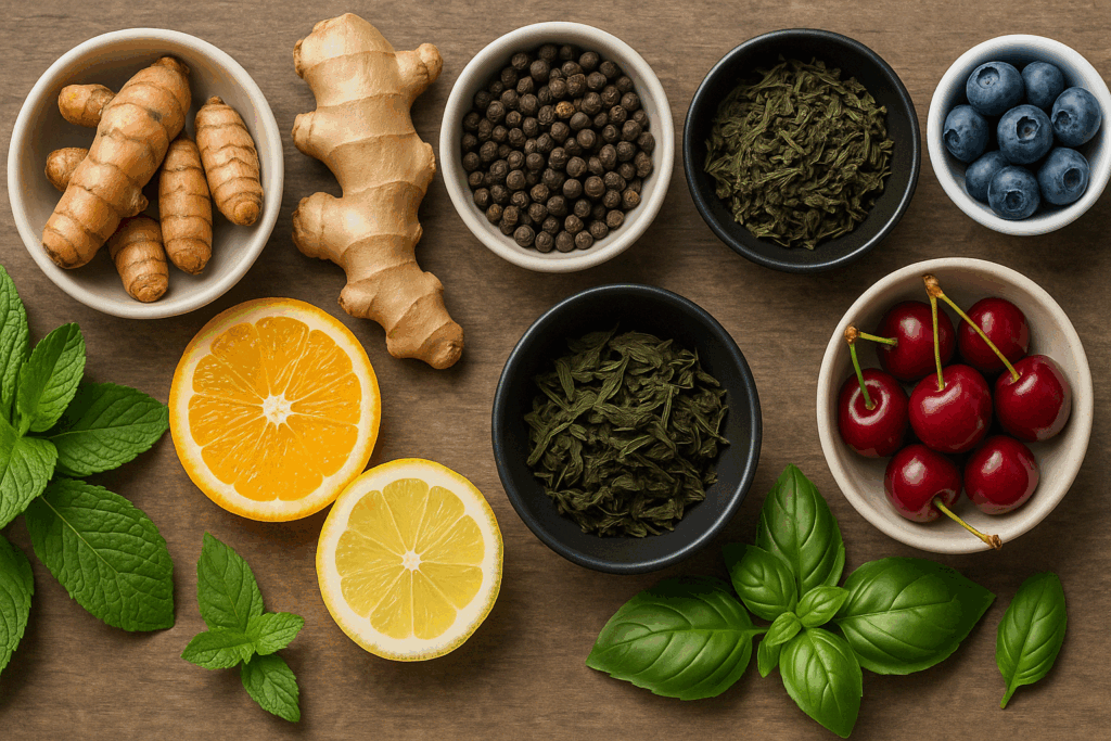 Fresh ingredients for homemade anti inflammatory drinks, including turmeric, ginger, black pepper, green tea leaves, mint, basil, citrus, tart cherries, and blueberries arranged in bowls on a wooden surface.