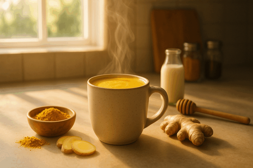 Steaming mug of turmeric latte on a sunlit kitchen counter, surrounded by fresh ginger, turmeric, almond milk, and honey, illustrating homemade anti inflammatory drinks.