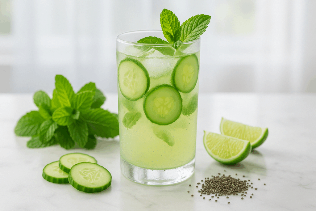 Chilled cucumber-mint detox drink surrounded by fresh mint, lime wedges, chia seeds, and cucumber slices—one of the best homemade anti inflammatory drinks for energy and hydration.