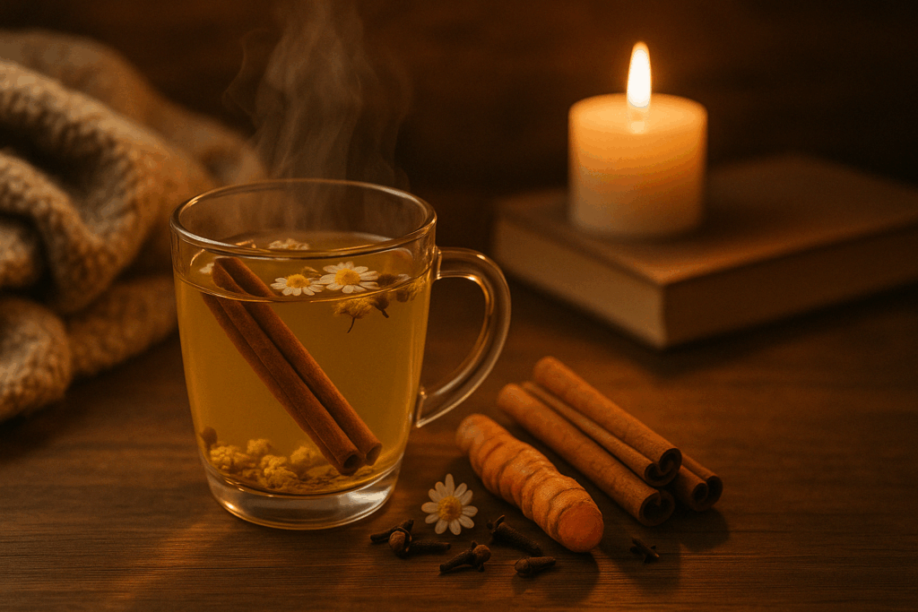 Steaming mug of chamomile tea with cinnamon, cloves, and turmeric beside cozy evening items, representing homemade anti inflammatory drinks.
