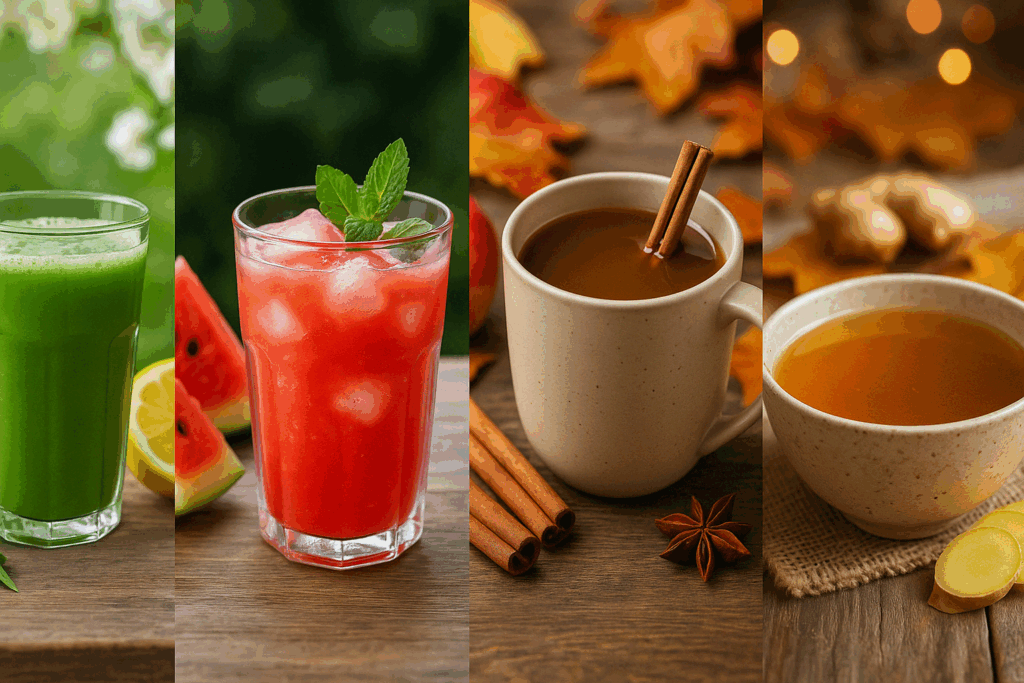 Four homemade anti inflammatory drinks for each season, including green detox juice, watermelon-mint cooler, apple-cinnamon chai, and spicy ginger broth.