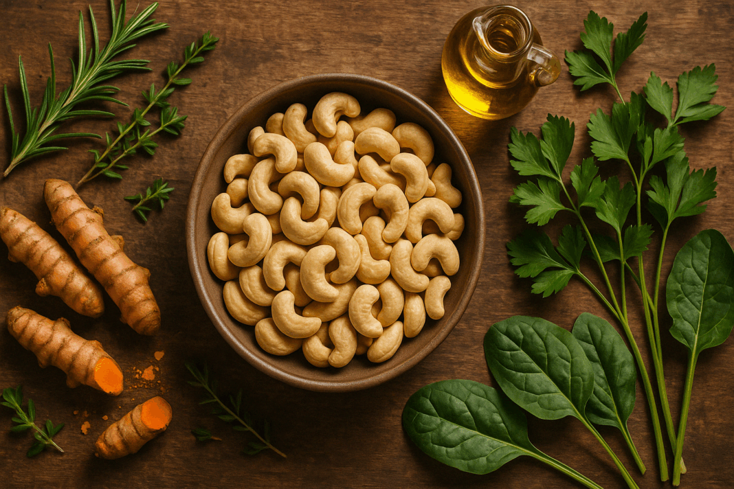 Raw organic cashews in a ceramic bowl with turmeric root, leafy greens, herbs, and olive oil on a rustic table, illustrating the question: are cashews anti inflammatory.