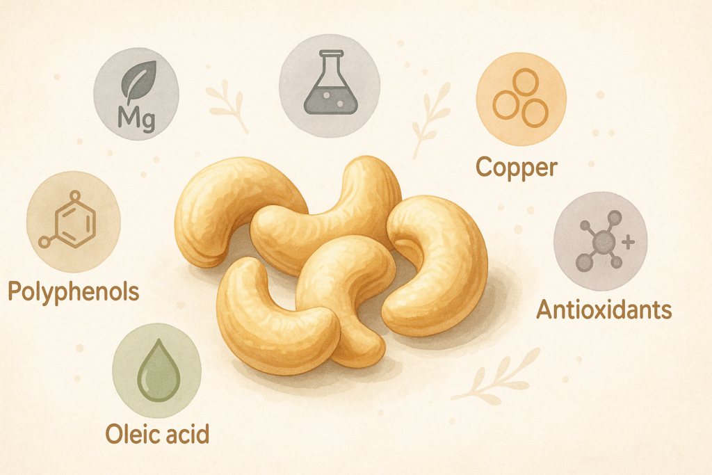 Whole cashews surrounded by illustrated icons of nutrients like magnesium, copper, and antioxidants, highlighting why many ask are cashews anti inflammatory
