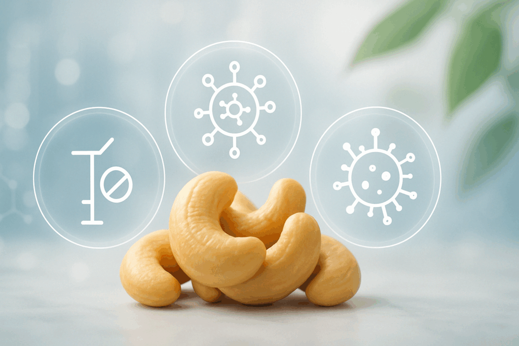 Conceptual cashew nuts surrounded by molecular icons illustrating anti-inflammatory pathways, exploring are cashews anti inflammatory