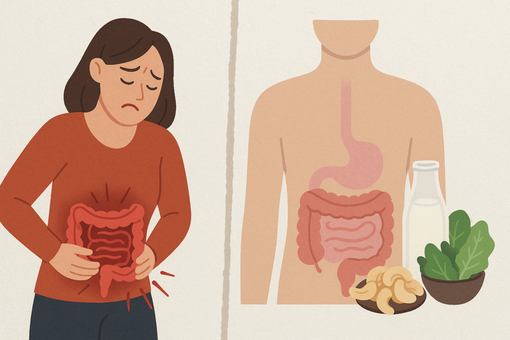 Split-screen illustration showing digestive discomfort on one side and balanced digestion with kefir, greens, and cashews on the other, exploring are cashews anti inflammatory effects.