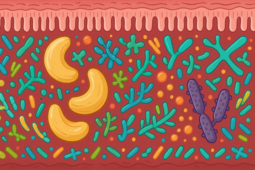 Cashews being digested in a healthy gut with flourishing microbiota, illustrating how and why cashews support gut health and answer the question—are cashews anti inflammatory.