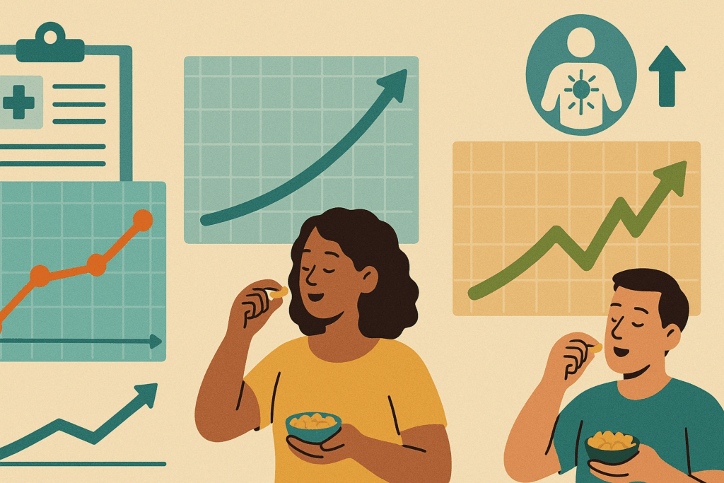 Graph-style infographic showing people eating cashews with rising wellness charts and medical icons, illustrating research on whether are cashews anti inflammatory.