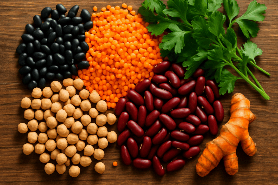 Colorful flat lay of black beans, lentils, chickpeas, and kidney beans with parsley and turmeric on a rustic table, illustrating the question: are beans anti inflammatory?