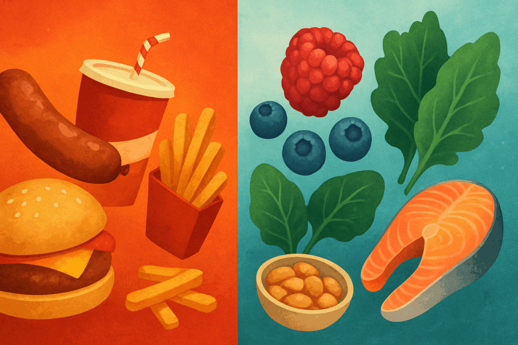 Split-screen illustration showing inflammation-promoting foods like fries and soda on one side, and anti-inflammatory foods like leafy greens, salmon, berries, and legumes on the other, visually exploring the question are beans anti inflammatory.