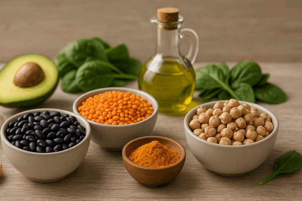 Black beans, lentils, and chickpeas in ceramic bowls with spinach, avocado, garlic, turmeric, and olive oil on a wooden kitchen counter, illustrating a natural answer to "are beans anti inflammatory" through nutrient-rich ingredients.