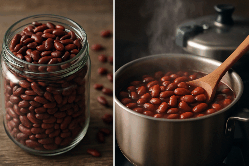 Steaming pot of cooked red kidney beans beside a glass jar of raw beans, visually comparing preparation methods in the debate over are beans anti inflammatory.