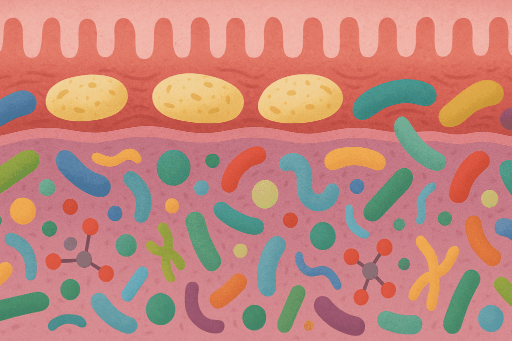 Scientific illustration of gut microbiota feeding on bean fibers, showing how dietary fiber supports immune function—answering are beans anti inflammatory.