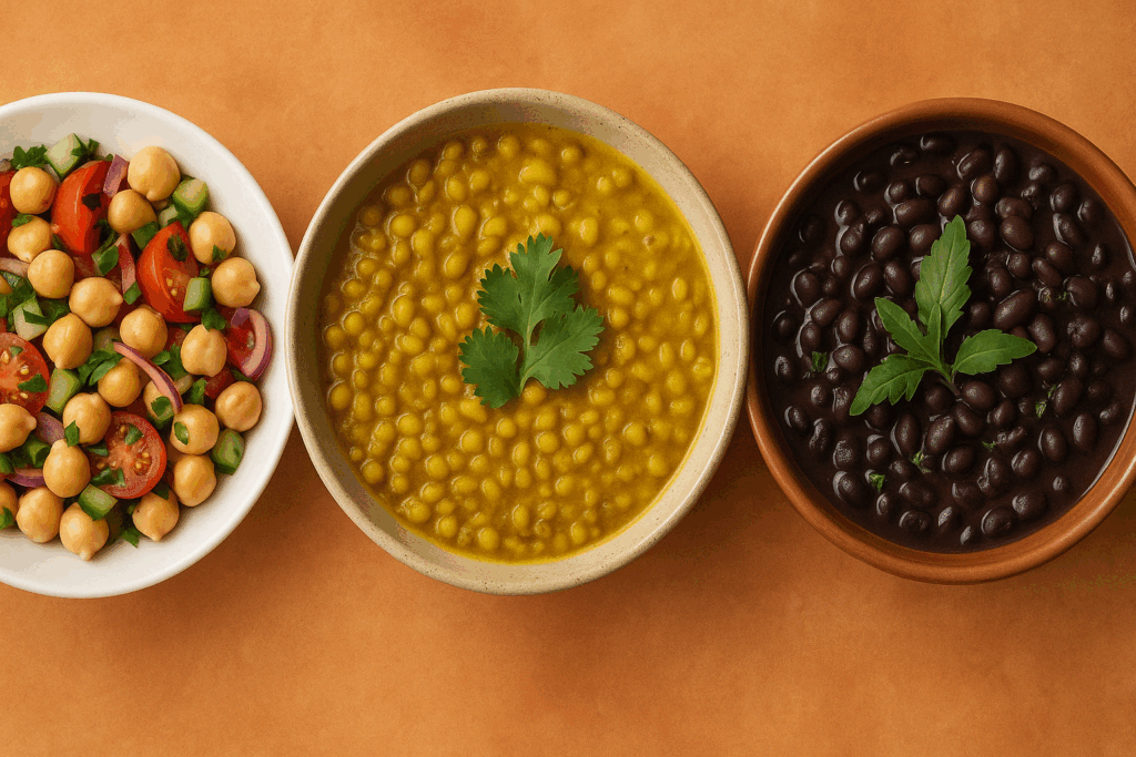 Three traditional bean dishes—Mediterranean chickpea salad, Indian mung bean dal, and Latin American black beans—highlighting cultural approaches to answering are beans anti inflammatory.