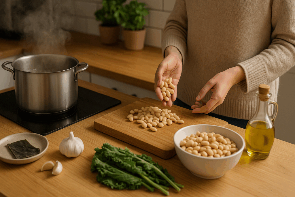 Hand preparing soaked white beans with kombu, garlic, kale, and olive oil in a cozy kitchen, illustrating are beans anti inflammatory meal prep.