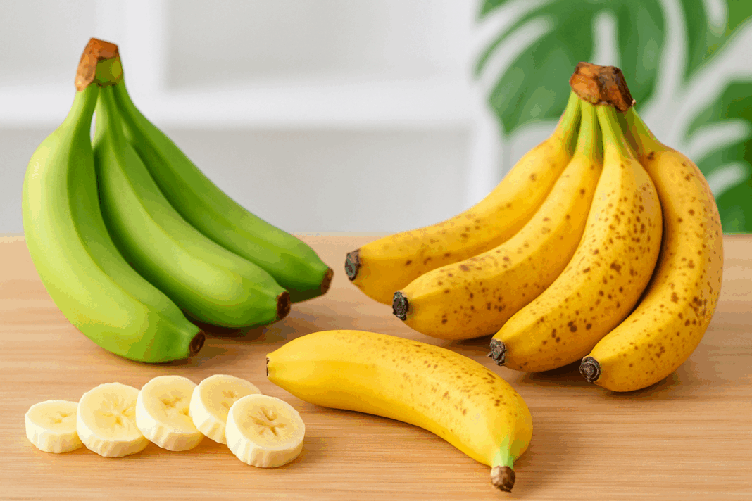 Fresh bananas in various ripeness stages on a wooden surface with slices in front, illustrating the question: are bananas anti inflammatory.