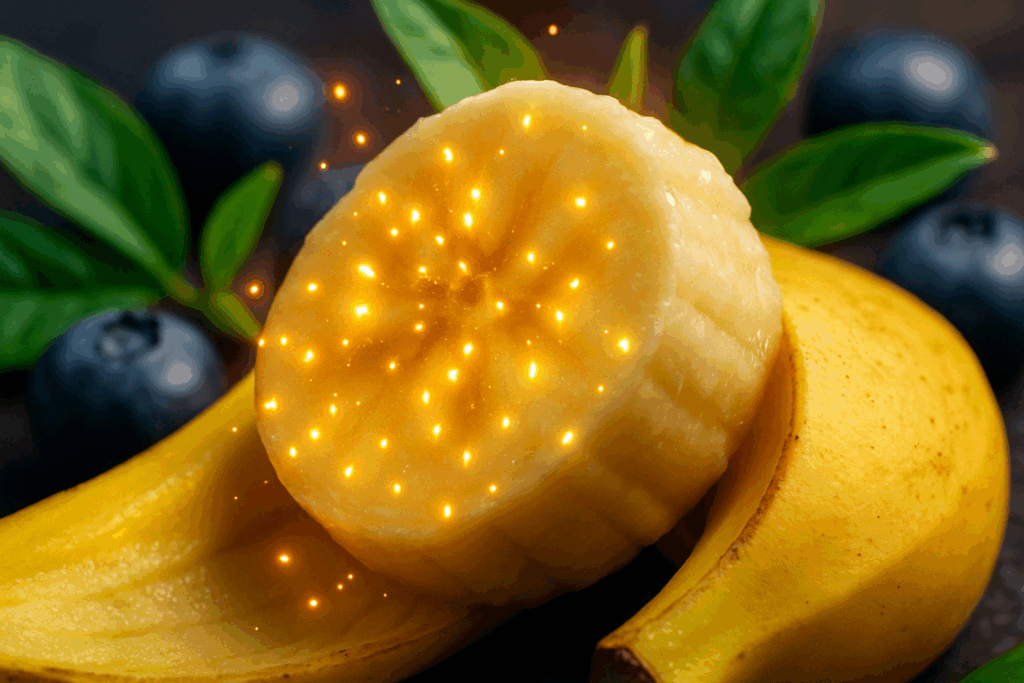 Close-up of banana slice with glowing antioxidant particles, green tea leaves, and berries in background suggesting cellular defense, illustrating the concept are bananas anti inflammatory.