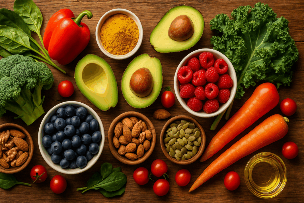 Fresh vegetables, fruits, nuts, seeds, and olive oil arranged on a wooden table as part of an anti inflammatory diet shopping list