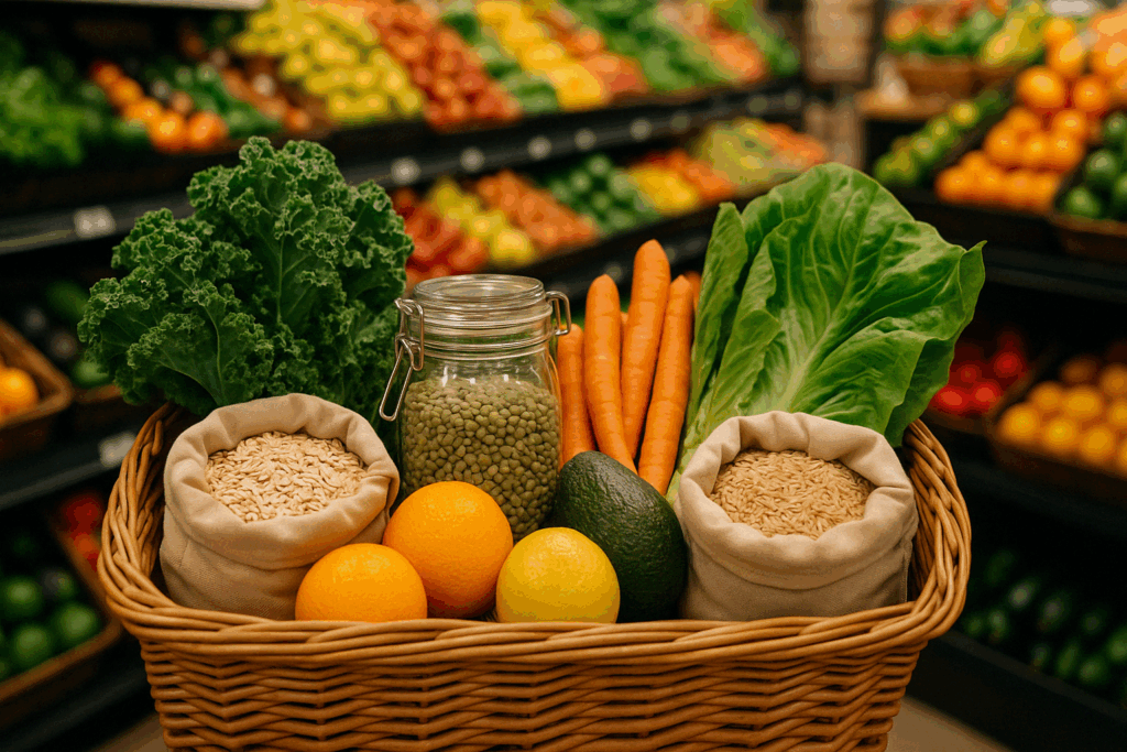 Basket filled with leafy greens, citrus fruits, legumes, and whole grains in a produce aisle, illustrating an anti inflammatory diet shopping list.