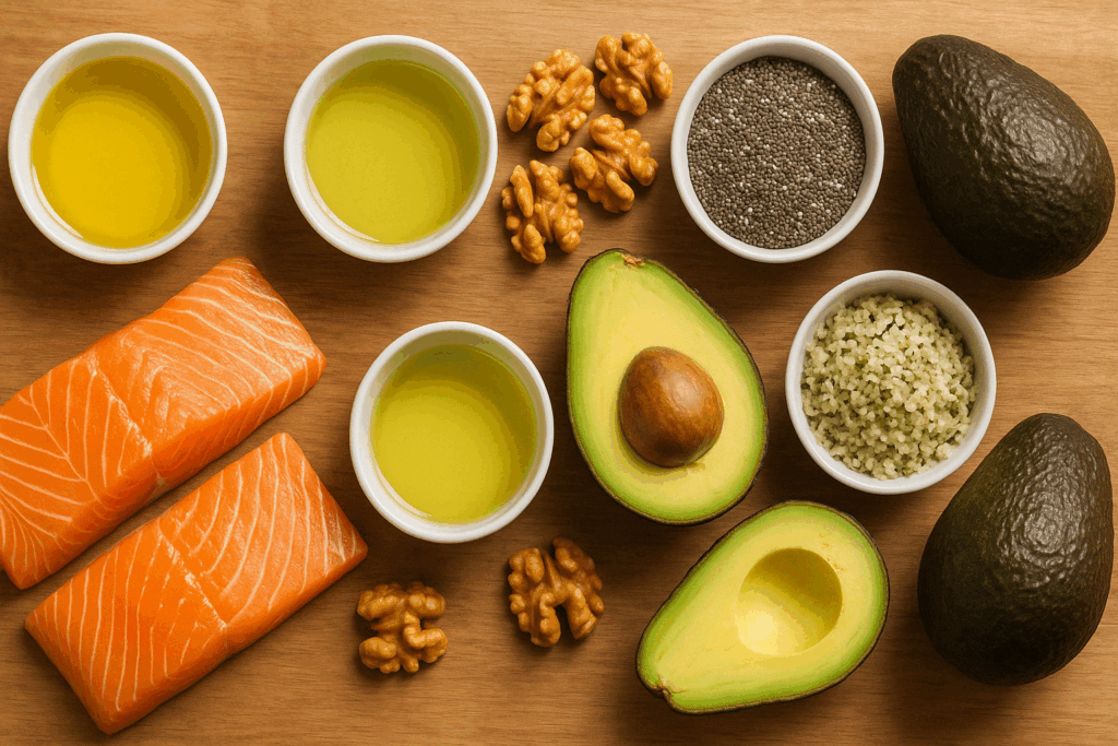 Overhead view of healthy fats featured in an anti inflammatory diet shopping list, including salmon, avocado, walnuts, chia seeds, hemp seeds, and oils.