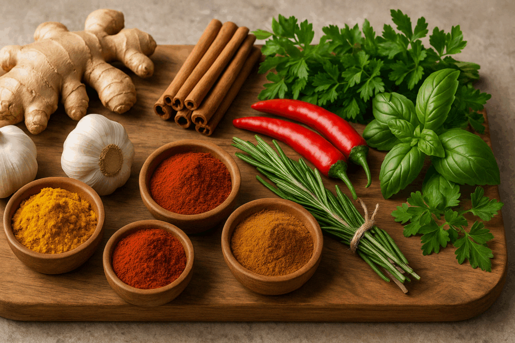 Colorful anti inflammatory diet shopping list with turmeric, garlic, ginger, chili, cinnamon, and fresh herbs on a wooden board
