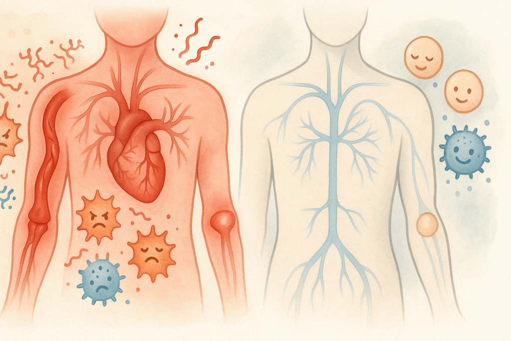 Medical illustration showing a conceptual contrast between inflamed body systems and healthy tissues, used to explain how anti inflammatory nuts support reduced inflammation.








