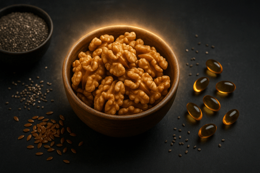 Bowl of anti inflammatory nuts including walnuts, surrounded by chia seeds, flax seeds, and fish oil capsules on a dark slate background