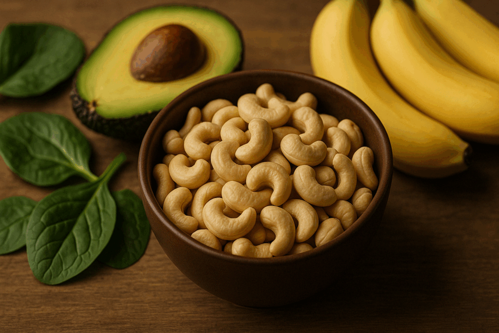 Ceramic bowl filled with anti inflammatory nuts like cashews, surrounded by spinach, avocado, and bananas on a wooden table.