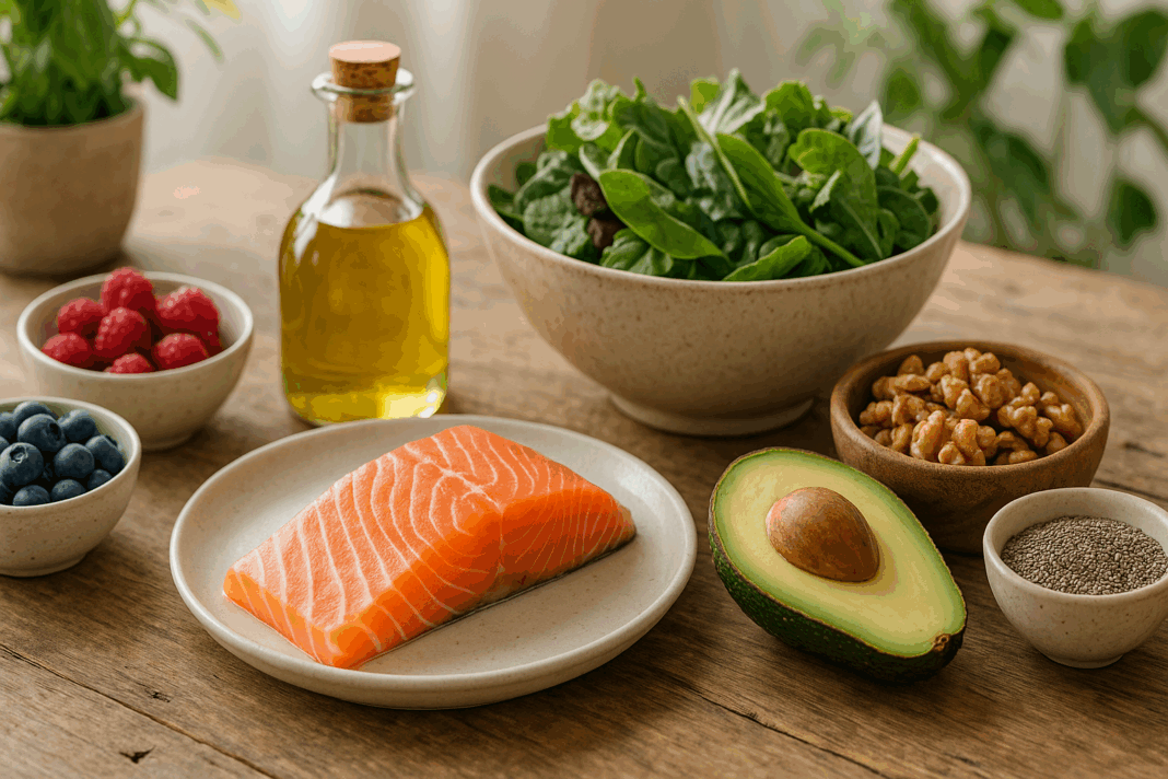 Healthy Mediterranean meal featuring salmon, leafy greens, avocado, walnuts, berries, and olive oil—best diet for joint health.