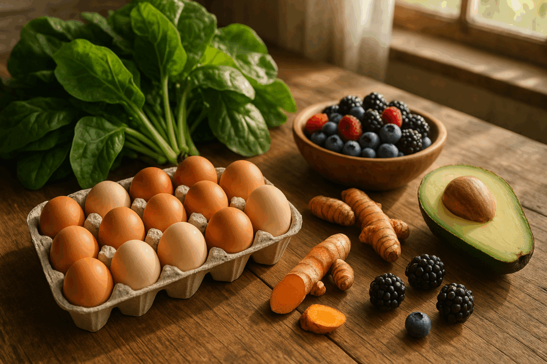 Pasture-raised eggs in a carton on a rustic table with leafy greens, turmeric, berries, and avocado, illustrating the question are eggs inflammatory.