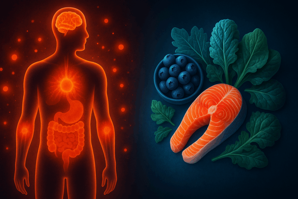 Glowing human silhouette with inflamed brain, gut, and joints next to calming anti-inflammatory foods like leafy greens, salmon, and berries, illustrating the question are eggs inflammatory through visual dietary contrast.
