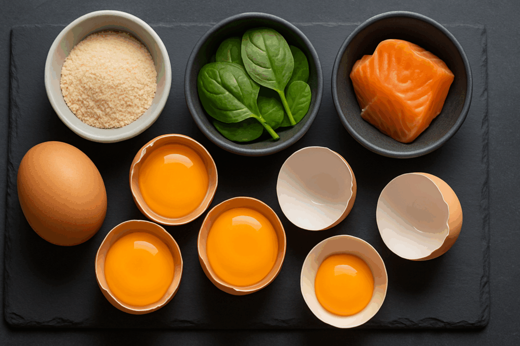Cracked eggs with vibrant yolks on slate, surrounded by spinach, flaxseed, salmon, and choline powder—nutrients exploring are eggs inflammatory.