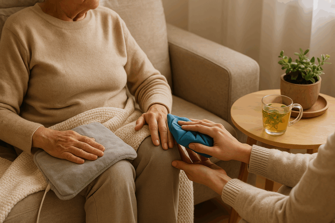 Elderly person using a heating pad on one knee while someone applies an ice pack to their hand, illustrating is heat or ice better for arthritis relief in a cozy home setting.