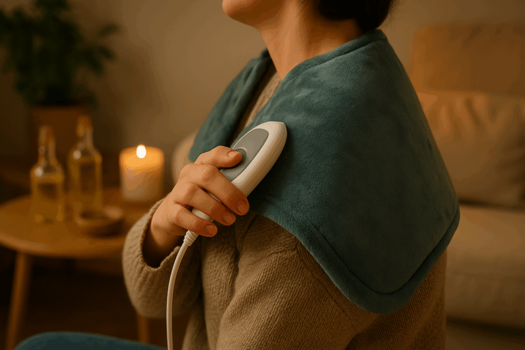 Person using an electric heating pad on shoulder in a cozy room, illustrating is heat or ice better for arthritis relief

