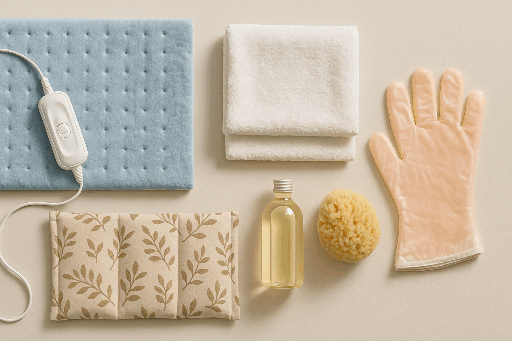 Flat lay of arthritis heat therapy tools—electric heating pad, moist towel, herbal pack, warm bath items, and paraffin wax gloves—illustrating options when asking is heat or ice better for arthritis.









