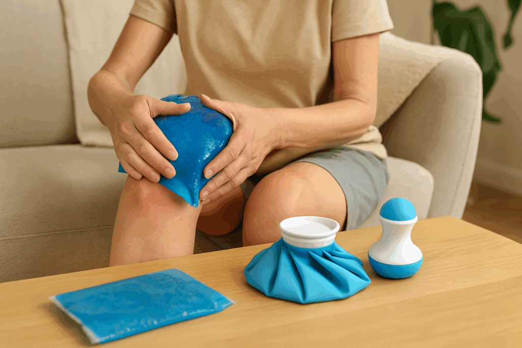 Person using a blue gel ice pack on a swollen knee at home with cold therapy tools nearby, illustrating is heat or ice better for arthritis.







