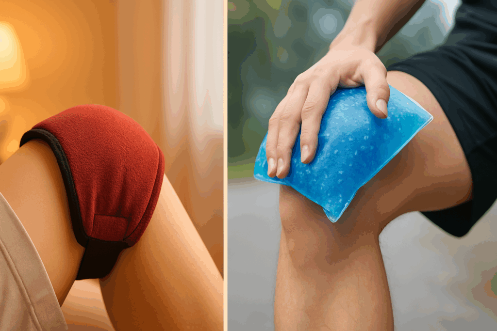 Side-by-side view of a knee with a heating pad in the morning and the same knee with an ice pack after exercise, illustrating the question is heat or ice better for arthritis.

