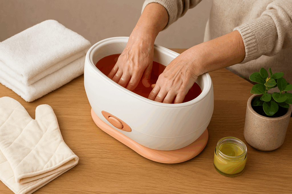 Elderly adult using a paraffin wax bath for hand pain relief with warm gloves and balm nearby, illustrating is heat or ice better for arthritis.

