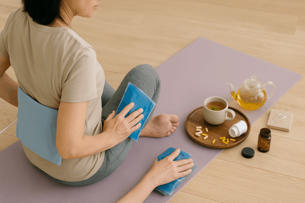 Middle-aged woman using heat and ice packs for arthritis relief on a yoga mat, illustrating a holistic approach to is heat or ice better for arthritis.

