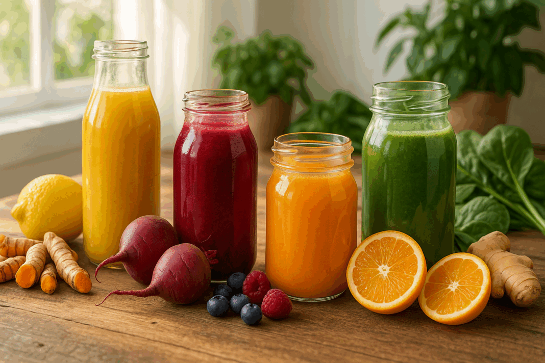 Colorful glass bottles of the best juice for inflammation on a rustic table with fresh turmeric, ginger, beets, citrus, berries, and leafy greens in a sunlit kitchen.