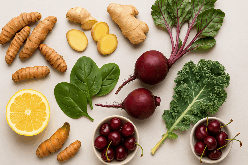 Flat lay of fresh ingredients for the best juice for inflammation, including turmeric, ginger, beets, kale, spinach, tart cherries, and lemon on a neutral background.