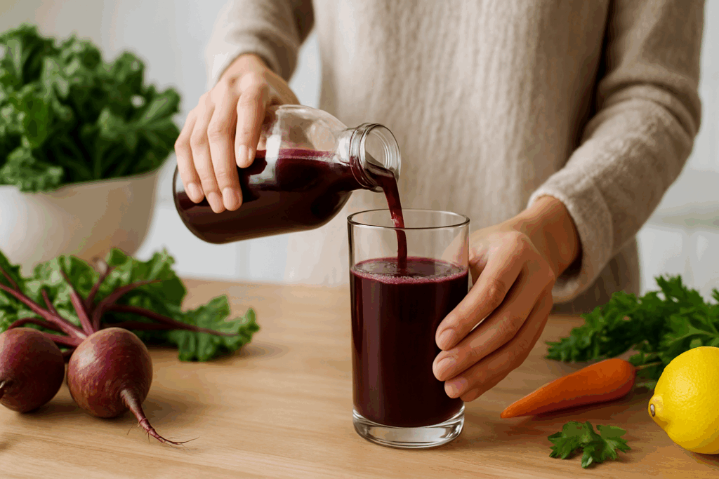 Person pouring deep red beet juice into a glass, surrounded by fresh produce, showcasing the best juice for inflammation.
