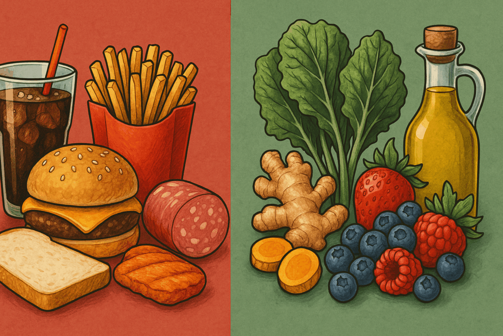 Side-by-side comparison of pro-inflammatory foods like soda and fried meat versus anti-inflammatory ingredients used in the best juice for inflammation, including berries, ginger, and leafy greens