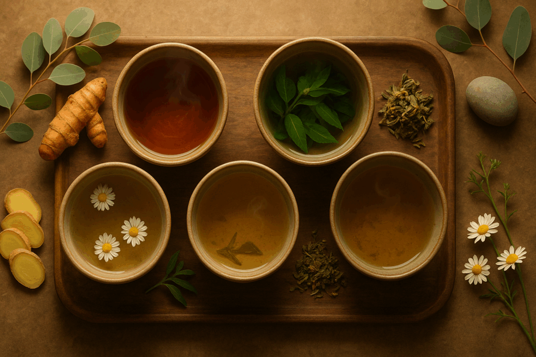 Steaming cups of herbal brews with turmeric, chamomile, and ginger arranged on a rustic tray, showcasing the best tea for inflammation.