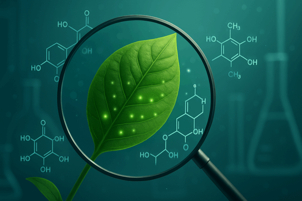 Magnified green tea leaf showing bioactive compounds like catechins, illustrating the science behind the best tea for inflammation