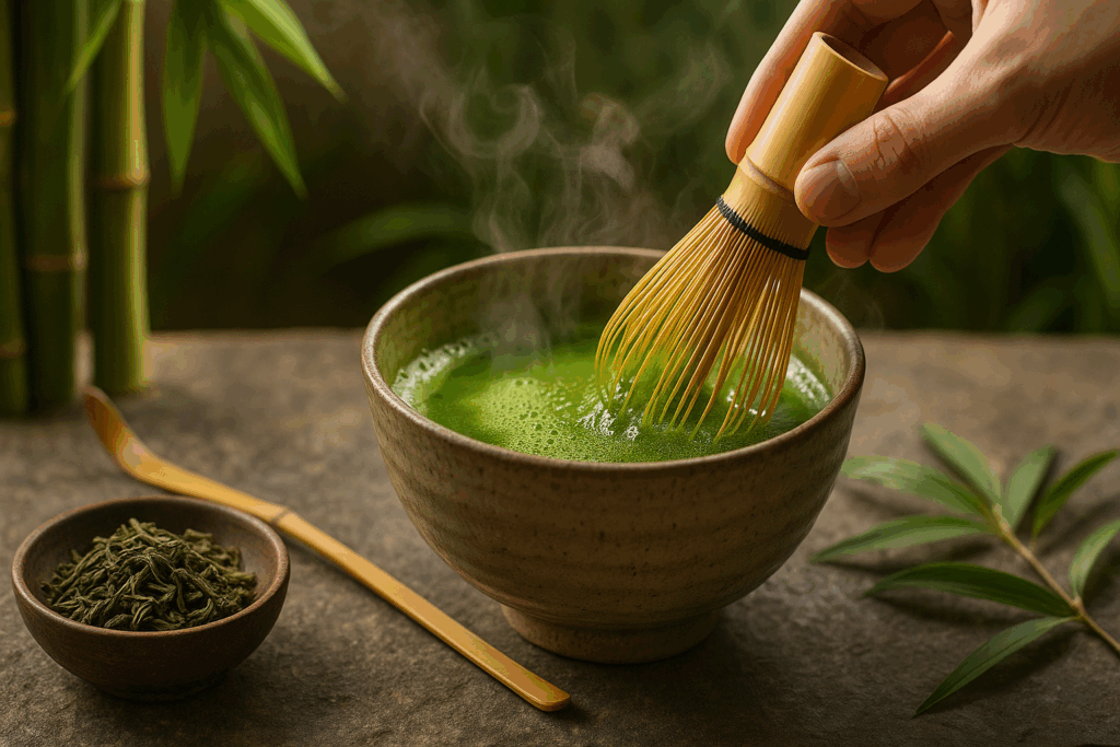 Traditional Japanese matcha tea ceremony with bamboo whisk frothing vibrant green matcha—an example of the best tea for inflammation.