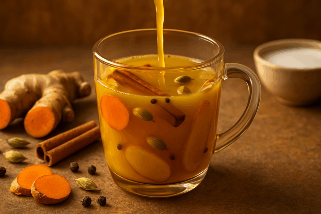 Golden turmeric and ginger tea with cinnamon sticks, cardamom pods, and black pepper — the best tea for inflammation in a clear glass mug.