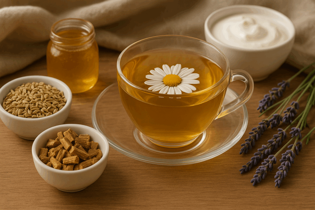 Chamomile tea with fennel seeds, licorice root, lavender, honey, and kefir—ingredients often used in the best tea for inflammation.