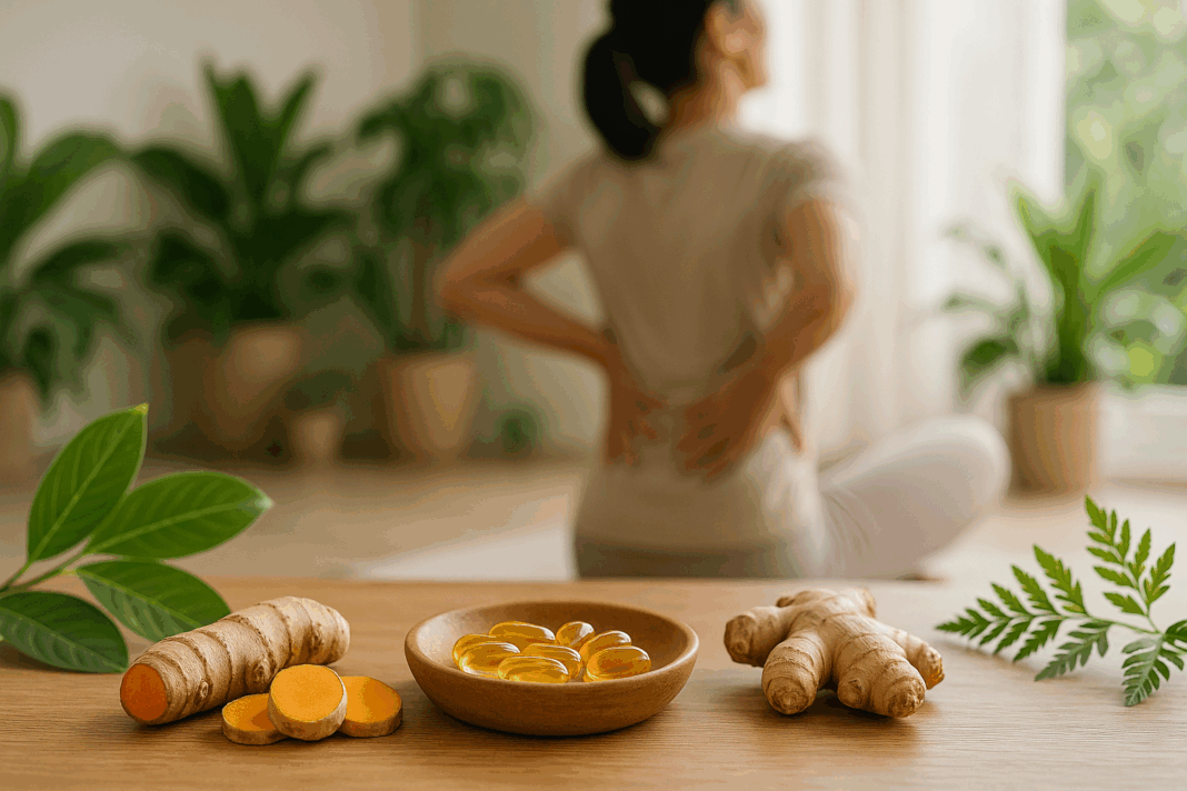 Turmeric, ginger, fish oil capsules, and leafy herbs on a wooden table with a person stretching in the background, representing the best anti inflammatory supplements for back pain.
