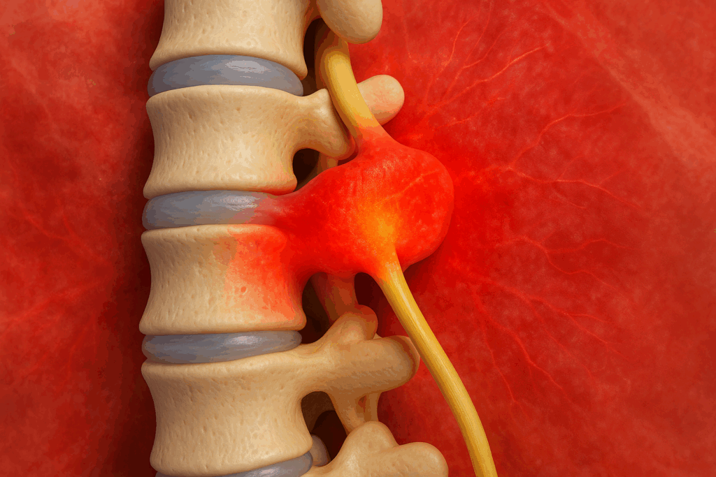 3D illustration of an inflamed spinal disc compressing a nerve root, highlighting chronic inflammation linked to back pain, relevant to best anti inflammatory supplements for back pain.